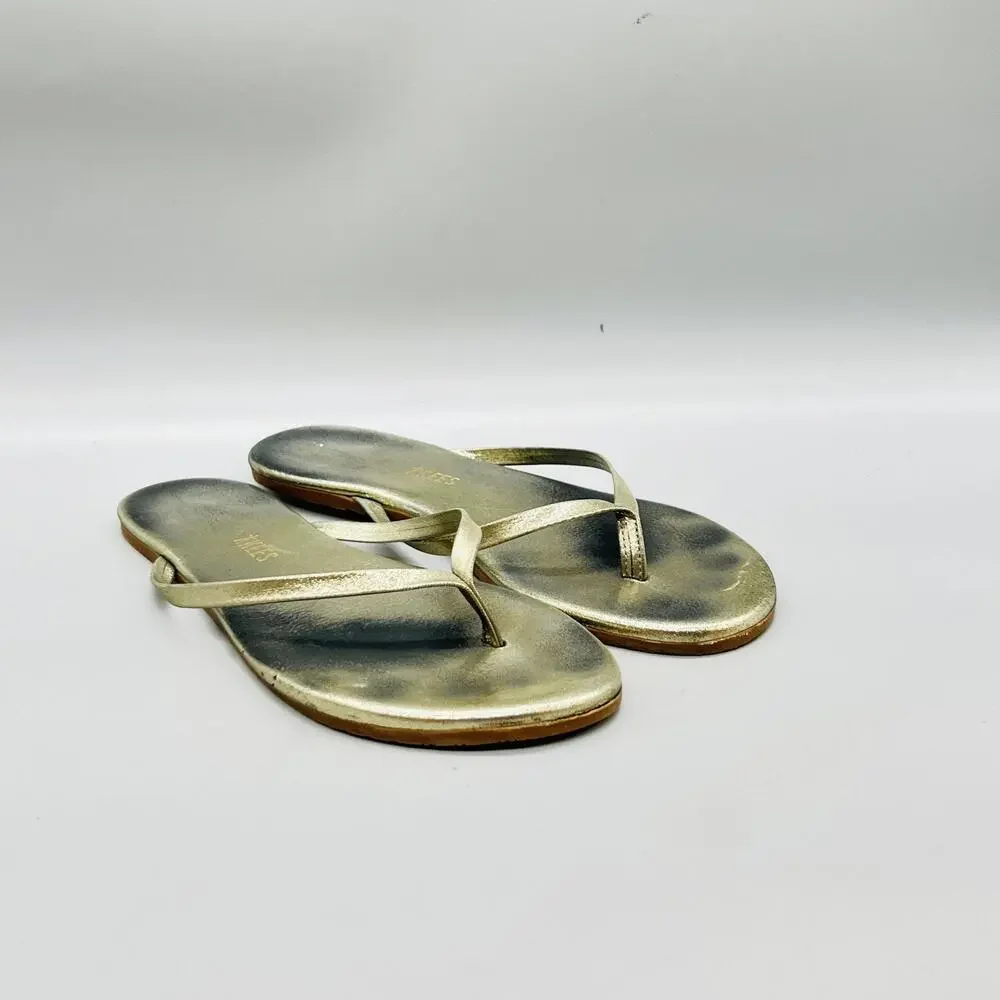 TKEES Sandals Womens 7 Gold Strappy Leather Flip Flop Thong Flat Casual Shoes